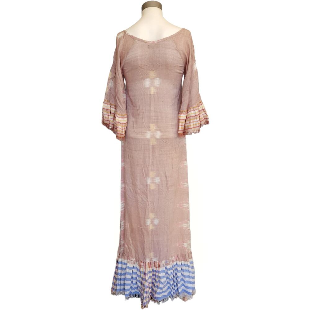 ERIKA PENA Tribal E Margarita Long Ikat maxi fringe ruffle dress in caffe XS NEW - Picture 3 of 9